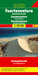 Fuerteventura at 1:100,000 on a map from Freytag & Berndt with icons highlighting numerous places of interest and recreational facilities including campsites. The island’s topography is well presented by relief shading with spot heights, names of peaks and other geographical features, and boundaries of protected areas. 

The map highlights scenic roads and gives driving distances on main routes. Large icons clearly mark various places of interest, including campsites, beaches, viewpoints, cultural and historical sites, golf courses, etc. The map has no geographical coordinates and is not indexed. Map legend includes English.