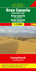Gran Canaria at 1:50,000 on a GPS-compatible road map from Freytag & Berndt prominently highlighting the island’s main places of interest described in a multilingual booklet attached to the map cover. Many place names are in larger size print than found on most maps of the island. 

Gran Canaria’s landscape is presented by contours and relief shading, with plenty of names of peaks, valleys and other topographic features. Road network emphasises main roads, with interchange names prominently marked, and includes local roads and selected country tracks. Driving distances are marked on main routes. Scenic roads are highlighted, as are hiking trails. Icons indicate various facilities and places of interest, including campsites, viewpoints, etc. The island’s best sights are prominently highlighted and described in the accompanying booklet attached to the map cover. The map has a 5km UTM grid plus latitude and longitude margin ticks at 2’ intervals. The index, also in the booklet, lists locations with their GPS coordinates. Map legend and the text of sights descriptions include English.