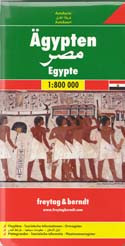 Freytag and Berndt’s Egypt road map at a scale of 1:800,000 is a place indexed, double sided, folded sheet map and comes with additional city maps, in an attached booklet, of Alexandria and Aswan at 1:15,000, and Cairo and Sharm el-Sheikh at 1:10,000. 

The road network in Egypt is shown, with motorway and duel carriage ways labelled with both route numbers and distance markers in kilometres. Primary and secondary roads, as well as tracks are shown. Main and subsidiary rail lines, car ferry routes and international and domestic airports are marked. The coverage of the map extends to displaying the main transport routes into Egypt from bordering countries. 

Concentration has been given to displaying the topographical water and desert features of the landscape, with lakes, salt marches, wadis, canals, salt lakes and swamps all differentiated. 

Places of particular interest are shown on the road map: notable buildings, castle ruins, archaeological sites. Oil fields are also located. 

Lines of latitude and longitude are given at 60’/1 degree intervals