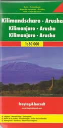 Kilimanjaro - Arusha area from Freytag & Berndt, covering both national parks with the tourist centres of Arusha, Moshi and Marangu. A large street plan of Arusha plus an enlargement of the Kibo Peak at 1:48,000 are also provided.

The map has contours at 100m intervals with altitude colouring plus relief shading based on satellite imagery and shows names various peaks, ridges, craters, etc. of both Kilimanjaro and Mount Meru, and in the surrounding countryside. Trekking and climbing routes are marked, with refuges, ranger stations and campsites all clearly identified. An enlargement shows the peak of Kilimanjaro above the Barranco Camp, Kibo Hut and School Hut in greater detail.

In Arusha, Moshi and Marangu, as well as in the approaches to the two mountains and in their surrounding national parks overprint highlights tourist accommodation including hotels, lodges, rangers posts and campsites, various places of interest, viewpoints, medical facilities, etc. The index has separate lists of towns or settlements and various facilities or places of interest. The map has a UTM grid, plus latitude and longitude margin ticks at 5’ intervals. Multilingual map legend includes English. 

Also provided is a large street plan of Arusha at 1:12,000 annotated with various tourist facilities, etc.
