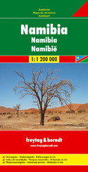 Namibia at 1:1,000,000 from Freytag & Berndt with a separate booklet attached to the map cover also providing a street plan of central Windhoek. The map is double-sided with a very generous overlap between the sides. Caprivi Strip is shown as a separate inset at 1:1,200,000 

Topography is shown by relief shading with spot heights plus graphics and/or colouring indicating sandy or rocky deserts, salt lakes or flats, wells and hot springs, etc. Many seasonal rivers and lakes are included. National parks and other protected areas are prominently highlighted. 

Road network includes country tracks, with road numbers very clearly presented and distances shown on many smaller routes. Locations of petrol stations and border crossings are marked. Railway lines are included and local airports are marked. Also shown are internal administrative boundaries with names of the provinces. 

Symbols highlight various places of interest including UNESCO World Heritage sites. The map has latitude and longitude lines at 1° intervals. Most place names are in larger print than found on other maps. Multilingual map legend includes English. 

The index is in a separate booklet attached to the map cover and includes a street plan of central Windhoek. Also provided is a showing time zones within Africa and Europe.