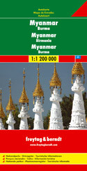 Burma (Myanmar) at 1:1,000,000 on a large, double-sided, indexed road map from Freytag & Berndt, with clear presentation of the country’s road network, its topography, various places of interest and its administrative divisions. 

The map divides the country north/south, with a good overlap between the sides. Coverage includes the western part of Thailand with Bangkok and Chiang Mai and extends south to Phuket. Relief shading with spot heights shows the country’s topography. National parks and other protected areas are highlighted. Road network includes selected unpaved roads and local tracks; driving distances are indicated on main routes and locations of border crossings are marked. The map shows railway lines and local airports, as well as the country’s internal administrative boundaries with names of the provinces. Also marked are oil fields and pipelines. Small icons clearly highlight various places of interest. The map has latitude and longitude lines at intervals of 1º and an extensive index. Multilingual map legend includes English.