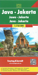 Java with Bali on a double-sided indexed map at 1:750,000 from Freytag & Berndt, with a street plan of central Jakarta and plans of the Borobudur (Barabudur) and Loro Jonggrang temples. Most place names are in larger print than found on other maps of the island and large icons prominently highlight various places of interest. 

The map divides Java east/west, with a generous overlap; Semarang and Yogyakarta are included on both sides. Relief shading with names of mountain ranges and spot heights present the topography. Active volcanoes are prominently highlighted. National parks or nature reserves are marked, including the Karimunjawa National Park and the Kepulauan Seribu National Park on the small islands north of Java. 

The map shows the island’s road network with driving distances on main routes. Ferry routes are marked, but without indicating their destinations. Icons prominently highlight various places of interest including UNESCO World Heritage sites, other historical and cultural locations, campsites, golf courses, etc. Latitude and longitude lines are drawn at 1º intervals. Multilingual map legend includes English. 

A large panel provides a street plan of central Jakarta, indicating main traffic arteries and naming selected streets. Also included are plans of the Borobudur (Barabudur) Temple and Loro Jonggrang Temple in the Prambanan Complex.
