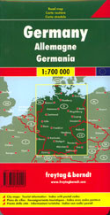 Germany at 1:500,000 on a large, double-sided road map from Freytag & Berndt, with clear presentation of the road network, plenty of topographic information, and a separate 95-page index booklet listing locations with postcodes. 

The map shows the country’s road network, clearly distinguishing motorways and main connecting routes from local roads, many of which are shown with driving distances. Motorway interchanges are named and services are marked. Railway lines are included. Topography is indicated by relief shading with plenty of names of geographical features such as mountain and hill ranges, woodlands, regional parks and other protected areas, etc. Small symbols indicate locations of castles and other historical buildings and monuments, but the map is not primarily designed to show tourist information.

Latitude and longitude lines are drawn at 30’ intervals. Multilingual map legend includes English. Extensive index is in a separate booklet attached to the map cover and lists locations with their postcodes.