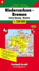 One of the titles in a series of large, indexed regional maps with fine, clear cartography. General relief is portrayed by hill-shading with selected spot heights without distracting from the other detail. The motorway network and recommended scenic routes stand out well from the background, but some may find minor local roads a little too faint. In some places exits from motorways are also rather lightly coloured. Intermediate driving distances are indicated throughout and special tourist routes are marked.

The maps highlight picturesque towns and national parks, with a range of symbols marking campsites, youth hostels, museums, spas, various landmarks and places of interest, etc. Latitude and longitude grid is drawn at intervals of 10’. Map legend includes English. A separate index attached to the cover gives the postcode for each locality, including those beyond the German territory on sheets covering border regions.