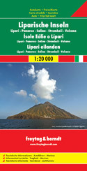 Aeolian (Lipari) Islands at 1:20,000 from Freytag & Berndt on a double-sided map which presents on the reverse coverage of Italy south of Rome at 1:600,000 and shows ferry access to the islands from the mainland or Sicily.

On one side the islands are shown in a series of panels, with the three largest: Salina, Lipari and Vulcano together, and Alicudi, Filicudi, Panarea and Basiluzzo plus Stromboli as separate insets. Topography is shown by contours at 50m intervals enhanced by relief shading, with names of peaks, valleys, etc. All place names are in large, easy to read print.

Road network includes country tracks and a selection of hiking paths. Various places of interest and facilities are highlighted, including beaches, marinas, campsites, etc. Each individual inset has latitude and longitude lines at intervals of 1’.

Ferry ports are marked and connections between the islands and with Sicily are also shown on a separate inset presenting the whole group together. 

On the reverse is a general road map of Italy south of Rome, including Sicily, with very clear presentation of the region’s topography and road network. Ferry connections are marked, but there is no special overprint to highlight main places of interest.
 Islands Travel Map