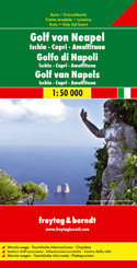 Gulf of Naples and its islands on a detailed road map at 1:50,000 from Freytag & Berndt, with Capri and Ischia at 1:20,000, street plans of central Naples, Sorrento and Amalfi and a plan of the archaeological site at Pompeii. 

The main map covers the whole of the Gulf area, extending east to Nocera and south beyond Amalfi to include the whole of the Sorrento Peninsula and most of Monti Lattari. Ischia with Procida is shown as an inset. The map shows the area’s road network, highlighting scenic routes, and includes several hiking paths on the northern slopes of Vesuvius and in the mountain of the Sorrento Peninsula. Local ferry connections are also marked. 

Icons highlight various places of interest, including the archaeological sites at Pompeii and Herculaneum, campsites, beaches, marinas, castles and monasteries, etc. Along the slopes of Vesuvius lava flows show dates of various eruptions. Margin ticks give latitude at 12' intervals with longitude at 5'. Map legend includes English. 

On the reverse, Capri and Ischia are shown enlarged to 1:20,000 for clearer presentation but without additional detail. Street plans cover central Naples, Sorrento, Amalfi and the towns of Capri and Ponte on Ischia. Also included is a detailed map of Pompeii highlighting various Roman remains.