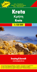 Crete in a series of Top 10 Tips maps from Freytag and Berndt covering Europe’s popular tourist destination at 1:150,000, on a double-sided map with street plans, plans of main archaeological sites, and a booklet with brief, multilingual descriptions of the island’s 10 best locations and places of interest.

Topography is shown by bold relief shading with spot heights and names of mountain ranges, peaks, etc. Road network includes a selection of small local tracks and highlights scenic routes.

Picturesque towns and villages are highlighted and a range of icons mark various places of interest, including archaeological sites, churches, museums, marinas, campsites, youth hostels, golf courses, etc. The island’s 10 best sights are prominently marked and given brief multilingual descriptions in a booklet attached to the map cover. 

All place names are shown in both Greek and Latin alphabets. The map has latitude and longitude lines at intervals of 10’. Map legend and the descriptions of main sights include English.

Also included are street plans of central Iraklion, Rethymnon, Chania and Aghios Nikolaos, plus plans of the archaeological sites at Knossos, Festos, Aghia Triada, Zakros and Malia.