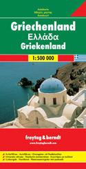 Double-sided road map of Greece at 1:500,000 from Freytag & Berndt with a separate index booklet which also includes a 16-page English language cultural guide with tourist information and brief descriptions of numerous archaeological, historical and other sites. 

Bold relief shading with names of mountain ranges and main peaks shows the country’s topography. All place names are given in both Greek and Latin alphabets. Road network includes small local roads but without distinguishing between surfaced and gravel roads. Toll roads and motorway services are shown, with diving distances marked on many secondary routes. The map also shows railway network and ferry routes. 

National parks and protected areas are highlighted and symbols show various places of interest including archaeological and historical sites, marinas, campsites, etc. Latitude and longitude lines are drawn at intervals of 30’. Multilingual map legend includes English. 

A separate 66-page booklet attached to the map cover includes an index (with postcodes) and multilingual cultural guide to the country’s history and its heritage. Modern Greek names are used for the archaeological sites, e.g. Mikines for Mycenae, etc.)