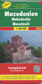 Macedonia at 1:200,000 on a large map in Freytag & Berndt’s “Top 10 Tips” series with the index booklet also providing multilingual descriptions of the country’s 10 most interesting locations, plus a street plan of central Skopje. 

Names of towns and villages are in both Latin and Cyrillic alphabets; administrative regions, geographical features and places of interest are in the Latin alphabet only. 

Topography is presented by relief shading and spot heights, with names of mountain ranges, peaks, etc, plus colouring for woodlands. Road network includes local roads and selected cart tracks, indicates border crossings, and gives driving distances on most local roads. Scenic routes are highlighted. Railway lines are shown with stations. The map also shows the country’s internal administrative boundaries. 

Picturesque locations and other places of interest are highlighted and the map also indicates the country’s 10 best sights which are given multilingual descriptions in the booklet. Latitude and longitude lines are drawn at 10’ intervals. The index lists locations with their postcodes. The booklet also includes a street plan of central Skopje. 

Map legend and descriptions of the 10 best sights include English