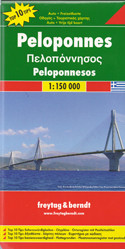 Peloponnese at 1:150,000 on a large, double-sided, indexed road highlighting 10 top sights, all with brief descriptions in an accompanying booklet which also provides street plans of central Kalamata, Korinth, Nafplio, Patra and Sparta. The map is part of Freytag and Berndt’s extensive series of “Top 10 Tips” titles covering popular holiday destination in Europe, including Crete. 

Coverage includes Aegina and Salamina, extending into Attika as far as Elefsina/Eleusina. The western tip of the Peloponnese is shown as an inset. All place names, including names of islands and geographical features, are given in both Latin and Greek alphabet. 

Relief is portrayed by hill-shading without distracting from other detail. Road network shows minor roads and selected cart tracks, and includes information indispensable for happy holiday driving: motorway service stations and motels, gradients on steep roads, restricted entry for cars or caravans and seasonal closures, routes not recommended for caravans, scenic roads and special tourist routes, etc. 

Local railways are shown and the route of the E4 long--distance hiking trail is marked. National parks and protected areas are indicated and towns and villages of particular interest are highlighted. Symbols mark various landmarks, places of interest and facilities, e.g. numerous archaeological sites, Byzantine churches, campsites, hostels, etc. Latitude and longitude lines are drawn at 10' intervals. 

A separate booklet attached to the map cover has an index listing all the localities with their postcodes, and brief descriptions of 10 main places of interest, all highlighted on the map. Also included are street plans of central Kalamata, Korinth/Korinthos, Nafplio/Nauplio, Patra/Patras and Sparta/Sparti. 

*Map legend and the descriptions include English.*