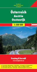 Austria at 1:300,000 on a large, double-sided, very detailed road map from Freytag & Berndt with very good presentation of the country’s topography, plus an index booklet with town centre street plans of 10 main cities. 

The map is double-sided, with no overlap between the sides. Coverage includes the German Alps with much of Bavaria, and in the south Italian Tyrol with the Dolomites. Excellent relief shading presents the topography, with plenty of names of individual mountain ranges, valleys, peaks, etc. Finely graded presentation of the road network indicates driving distances on many small local roads, three types of gradient markings, roads closed to motorized traffic or caravans or not suitable for caravans, and toll routes. Scenic roads are highlighted and special tourist routes are named. Railway lines are shown with stations and various types of mountain transport are marked. Picturesque towns and villages are highlighted and symbols mark locations of various places of interest including campsites and youth hostels. The map has latitude and longitude lines at intervals of 10’. Multilingual map legend includes English. 

Index booklet, listing all locations with postcodes, also provides city centre street plans of Bregenz, Eisenstadt, Graz, Innsbruck, Klagenfurt, Linz, Salzburg, St. Pölten and Vienna. 