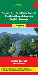 Detailed road map of Czech and Slovak Republics at 1:400,000 from Freytag & Berndt with index and city centre street enlargements of Prague and Bratislava. Clearly shows the national road network and selected provincial and local roads, with each class of road clearly indicated and road numbers shown. Intermediate driving distances between locations are shown in kilometres alongside the road, motorway filling stations are shown and motorway junctions are indicated. 

Topography is shown primarily through spot heights, though there is very subtle relief shading and colour shading is used to indicate land types such as forests or marshland. International and provincial boundaries are clearly marked, as are National Parks, nature reserves and restricted military areas. 

Symbols indicate various sights & locations of tourist interest, such as churches, leisure & sports destinations, panoramas & viewing points, monuments and historic sites. Some hotels and campsites are marked. Railway lines, airports, ports and marinas are also shown. 

A grid divides the map at 30’ increments, and is also grid-referenced for the accompanying index booklet. 

*Multilingual map legend includes English.*