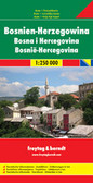 Bosnia-Herzegovina on a large, double-sided, indexed road map at 1:200,000 from Freytag & Berndt, showing the whole country at 1:200,000, with an index booklet attached to the cover providing street plans of central Sarajevo and Banja Luka, plus descriptions of 15 best sights prominently highlighted on the map. Within the Republika Srpska administrative area names of selected locations are also shown in the Cyrillic alphabet. 

The map is double-sided with a generous overlap and Sarajevo included on both sides; the border area east of Tuzla is shown on an inset. The southern side of the map also includes Croatian coast between Split and Dubrovnik. Topography of this mountainous country is vividly presented by relief shading with spot heights and names of mountain ranges, valleys, peaks, etc. Road network includes selected country tracks, with driving distances shown on many local roads, traffic restriction and seasonal closures, assistance points of automobile associations, border crossings, etc. Scenic routes are highlighted. Symbols indicate various places of interest and facilities including campsites, museums, etc. Interesting locations are prominently highlighted, with 15 best sights cross-referenced to their descriptions in the index booklet. Latitude and longitude lines are drawn at 10’ intervals. Map legend and the text include English.