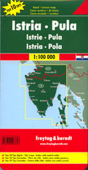 Istria "Top 10 Tips" double-sided map at 1:100,000 from Freytag & Berndt highlighting recommended cycling trails and picturesque locations, with plans of central Pula, Rovinj, Opatija, Umag and Porec, plus descriptions of the region’s top 10 sights. Coverage extends north to include Trieste and the south-western corner of Slovenia, plus most of the nearby island of Cres. 

The map is double-sided with a good overlap between the sides. Topography is shown by relief shading with spot heights, with colouring for woodlands. Driving distances are marked on main and selected secondary roads. Scenic roads as well as recommended cycling routes and mountain bike trails are highlighted. Railways lines and ferry connections to the islands are marked. The map also highlights picturesque locations, with the region’s top 10 sights prominently marked and cross-referenced to descriptions in the accompanying booklet. Symbols indicate other places of interest and facilities, including campsites and youth hostels, marinas, etc. Latitude and longitude lines are drawn at intervals of 5’. The index, listing locations with their postcodes, is in the accompanying booklet 

Surrounding the map are street plans of central Pula, Rovinj, Opatija, Umag and Porec, and the booklet also includes brief descriptions of several recommended cycling routes. Map legend, conveniently shown on both sides of the map, and the descriptions include English.