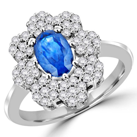 Oval Cut Blue Sapphire Gemstone Multi-Stone 8-Prong Flower Motif Cocktail Ring with Round White Diamond Cluster Accents in White Gold - #CSFRCH2717