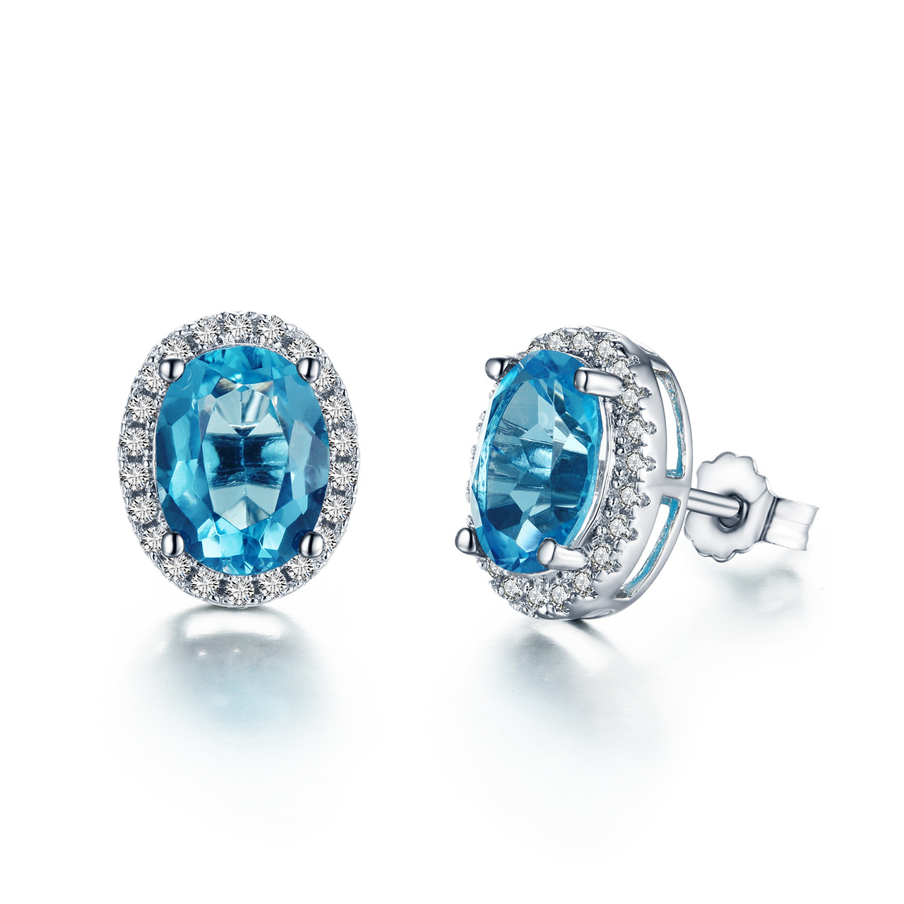 3 1/5 CTW Oval Blue Topaz Halo Stud Earrings in .925 Sterling Silver ...