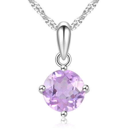 9/10 CT Round Purple Amethyst  Solitaire Pendant Necklace in .925 Sterling Silver with 18K White Gold Plating With Chain - #BMS170318
