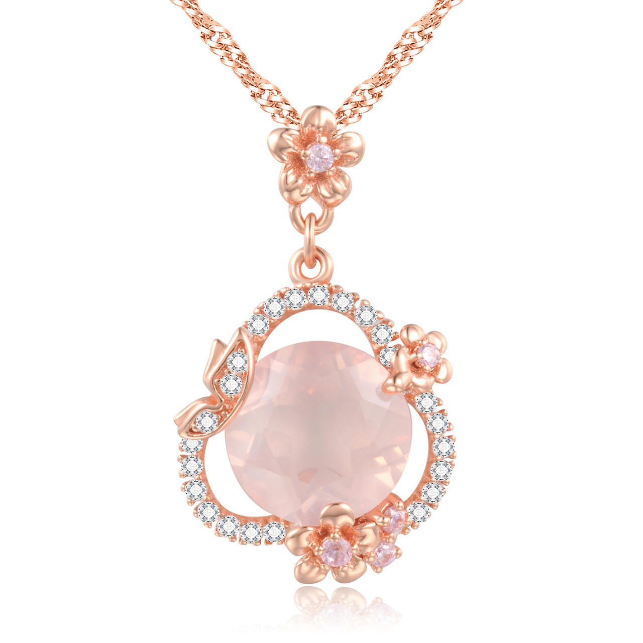 3 1/2 CTW Round Pink Rose Quartz Flower Fancy Pendant Necklace in .925