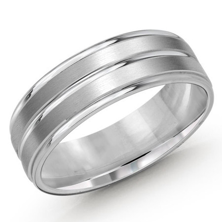 Mens 7 MM all white gold band with satin dual sectioned grooved center - #JM-1141-7WG