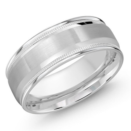Mens 8 MM all white gold band with a satin center, high polish and milgrain edged detailing - #JM-1162-8WG
