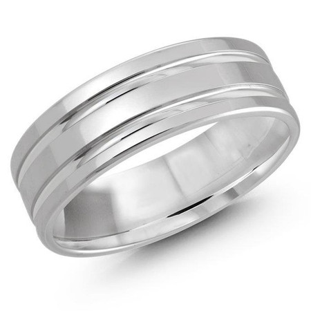 Mens 7 MM all white gold satin finish band with dual high polish grooves - #JM-1171-7WG