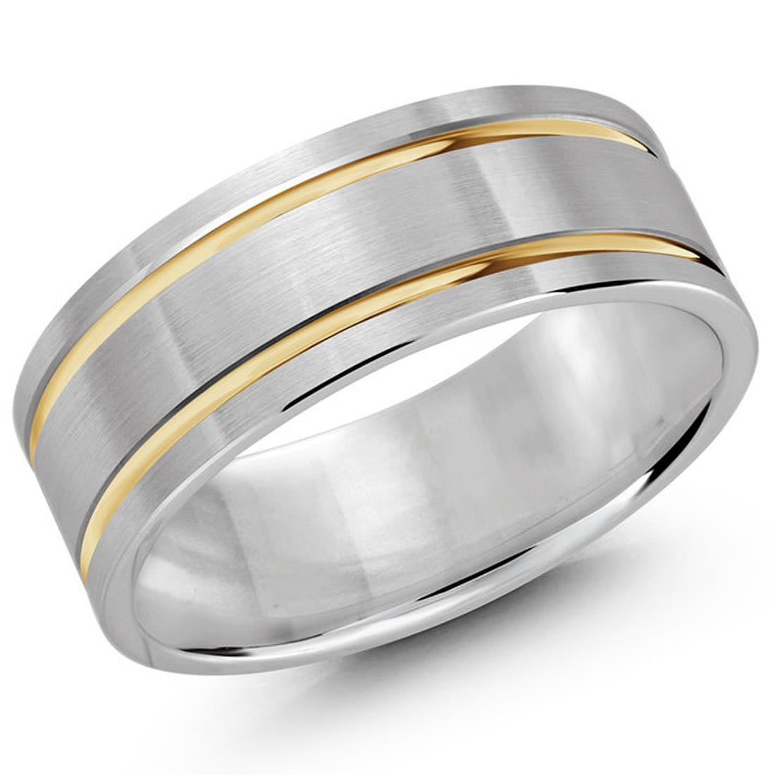 Mens 8 MM pipe Band with double grooved center in Twotone Gold JM