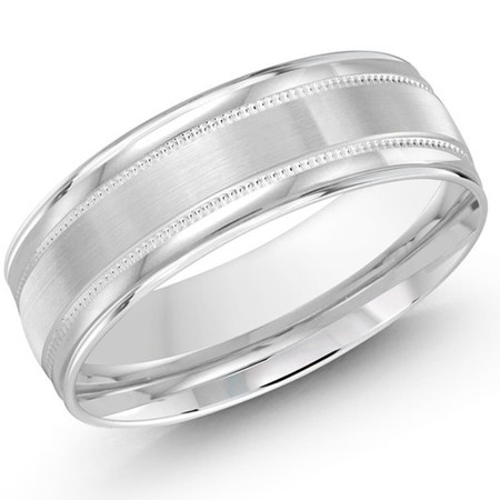 Mens 7 MM all white gold satin center band with grooved edging detail - #JM-738-7WG