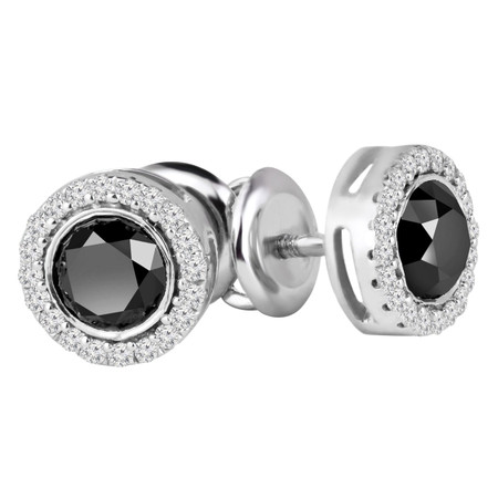 Round Cut Black Diamond Multi-Stone Bezel-Set Halo Stud Earrings with Round White Diamond Accents & Screwbacks in White Gold - #HE4900-W-BLK