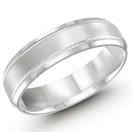 Mens 6 MM all white gold band with bevel-edged miligrain and satin center - #LCF-413