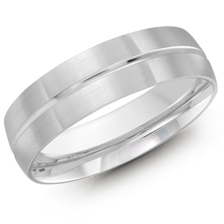 Mens 6 MM all white gold convex band with a grooved satin center  - #LCF-531