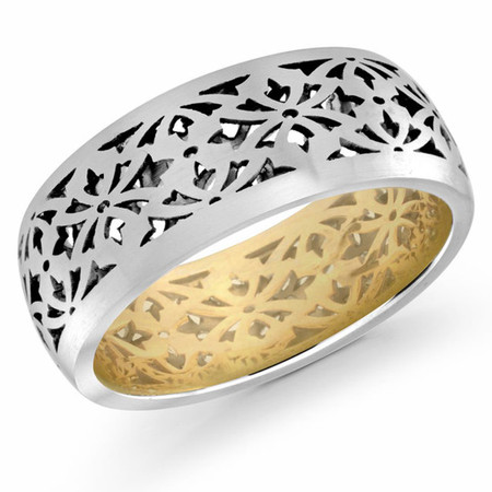 Mens 8 MM yellow gold interior and white gold exterior pattern cut-out band  - #FJM-018