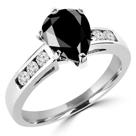 Pear Cut Black Diamond Multi-Stone 6-Prong Cathedral Style Engagement Ring with Round White Diamond Channel-Set Accents in White Gold - #SM512-W-PE-BLK
