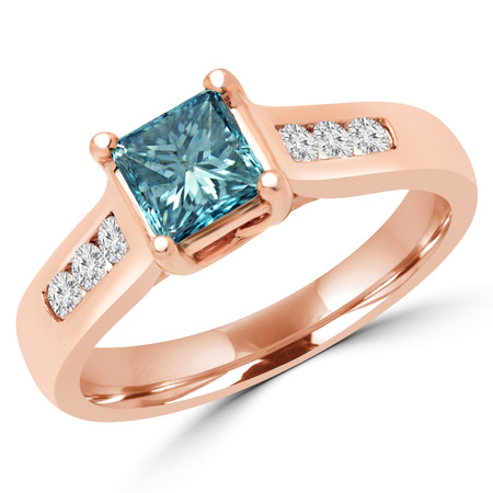 Princess Cut Blue Diamond Multi-Stone 4-Prong Fashion Engagement Ring with White Diamond Accents in Rose Gold - #SM1416-R-PR-BLUE