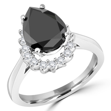 Pear Cut Black Diamond Multi-Stone 4-Prong Halo Engagement Ring with Round White Diamond Accents in White Gold - #CSFR3F7172-W-BLK
