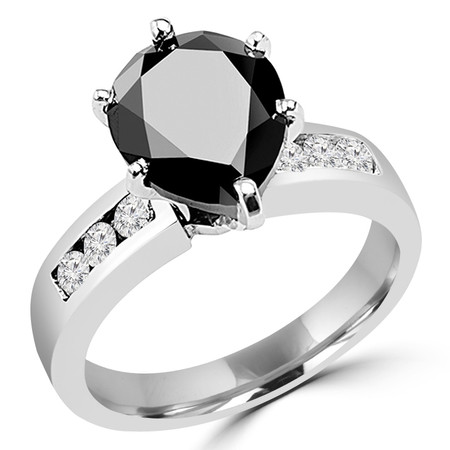 Pear Cut Black Diamond Multi-Stone 6-Prong Engagement Ring with Round White Diamond Channel-Set Accents in White Gold - #SM513-W-PE-BLK