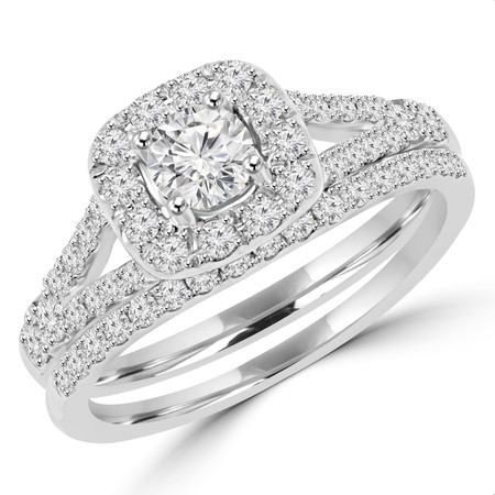 Round Cut Diamond Multi-Stone Halo 4-Prong Split-Shank Engagement Ring and Wedding Band Bridal Set in White Gold - #SKR15503-100-SET-W