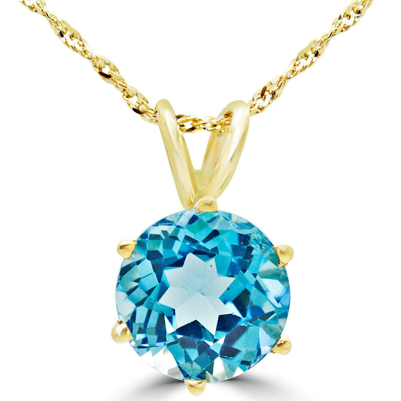 Round Cut Blue Topaz Solitaire 6-Prong Pendant Necklace With Chain in