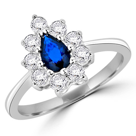 Pear Cut Blue Sapphire Gemstone Multi-Stone 9-Prong Halo Cocktail Ring with Round White Diamond Accents in White Gold - #CSFRQC9648