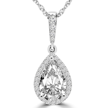 Pear Cut Diamond Multi-Stone Antique Vintage 3-Prong Pendant Necklace With Round Accents and Chain in White Gold - #MD-P-P1-W