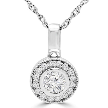Round Cut Diamond Solitaire Halo Bezel-Set Pendant Necklace With Chain in White Gold - #MAJESTY-P6-W