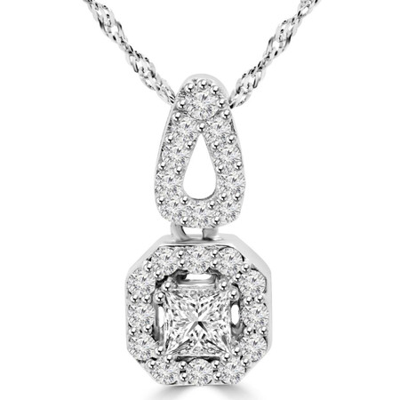 Princess Cut Diamond Multi-Stone Halo Pendant Necklace with Round Accents and Chain in White Gold - #MD-P-P10-PR-W
