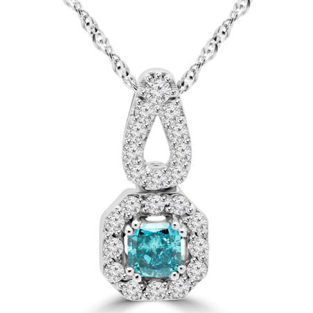 Radiant Cut Blue Diamond Multi-Stone Halo Pendant Necklace with Round White Diamond Accents and Chain in White Gold - #MD-P-P10-PR-BLUE-W