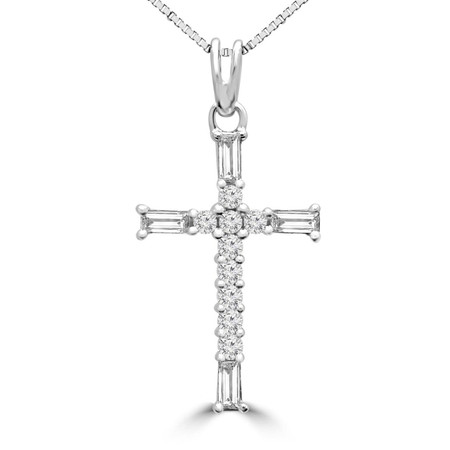 Round Cut and Baguette Cut Diamond Multi-Stone Antique Vintage Cross Pendant Necklace With Chain in White Gold - #SKP3451-W