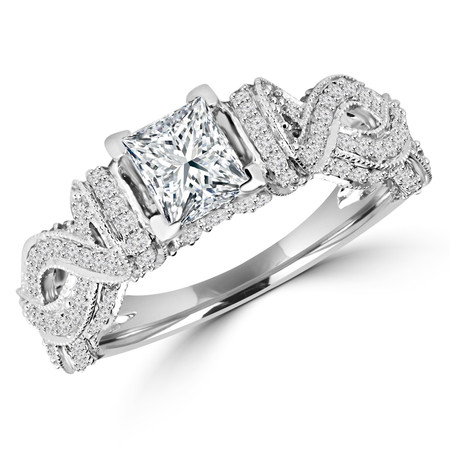 Princess Cut Diamond Multi-Stone Infinity-Motif V-Prong Engagement Ring with Round Diamond Accents in White Gold - #HR6529-W