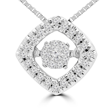 Round Cut Dancing Diamond Halo Pendant Necklace With Chain in White Gold - #SKP15339-10-W