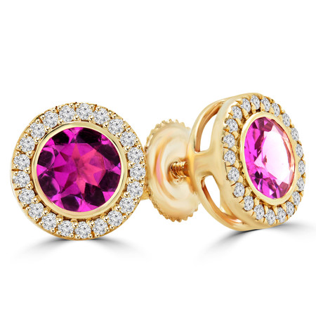 Round Cut Pink Tourmaline Vintage Stud Bezel-Set Earrings with Round Diamond Accents in Yellow Gold with Screw Backs - #HE4903-Y-TOUR