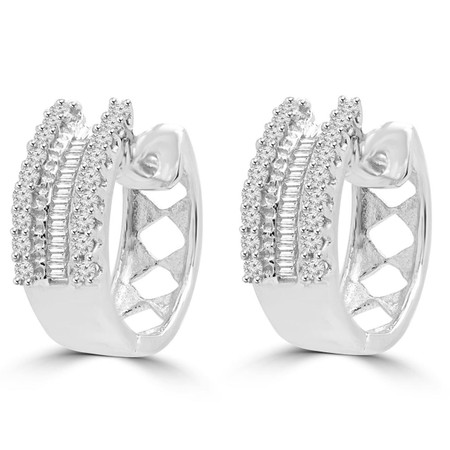 Round Cut and Baguette Cut Diamond Huggie Hoop Earrings in White Gold - #SKE15650-25-W