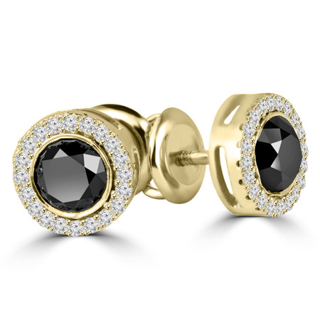 Round Cut Black Diamond Bezel-Set Halo Stud Earrings with Round White Diamond Accents in Yellow Gold with Screw Backs - #HE4900-Y-BLK