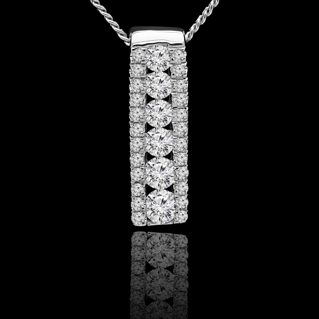 Round Cut Diamond Channel Set Bar Pendant Necklace in White Gold With